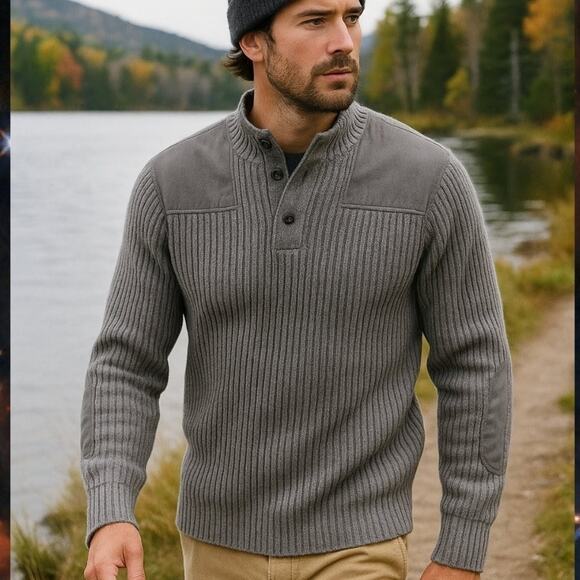 L.L.Bean Men’s Commando Henley Sweater L Gray Merino Lambswool Patches F237 - Picture 3 of 10